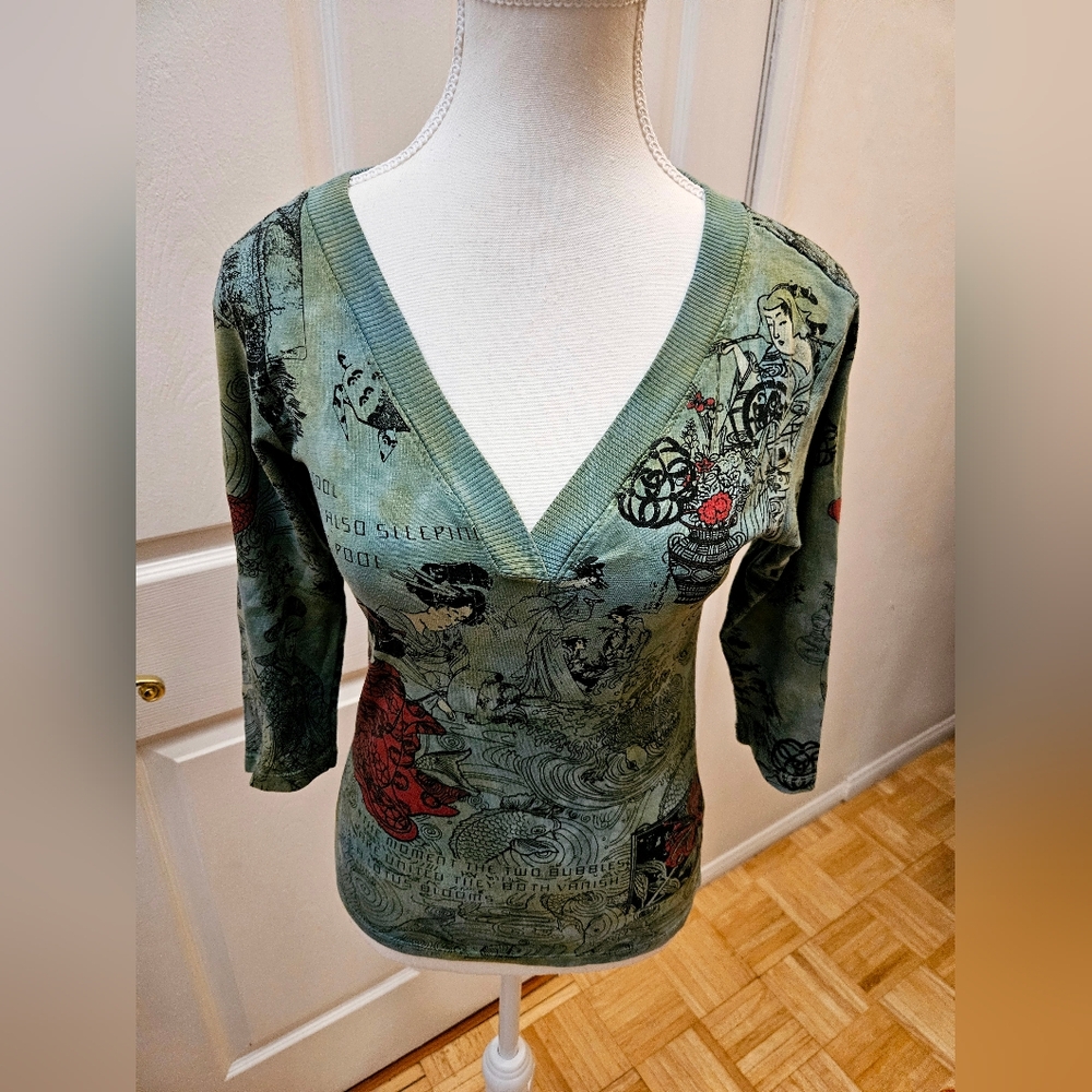 RARE NEW Y2K GLIMA Green Red Tie Dye Print Japan Geisha Cotton Blouse Top S